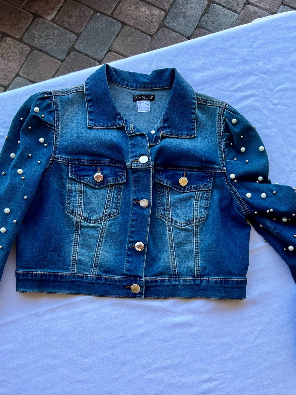 VENUS Dark Blue Denim Crop Jacket with Pearl Sleeve Accents